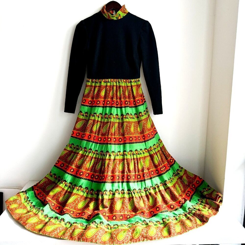 Vintage Neon Green Ornage Paisley Print Long  Sleeve Maxi Dress S
